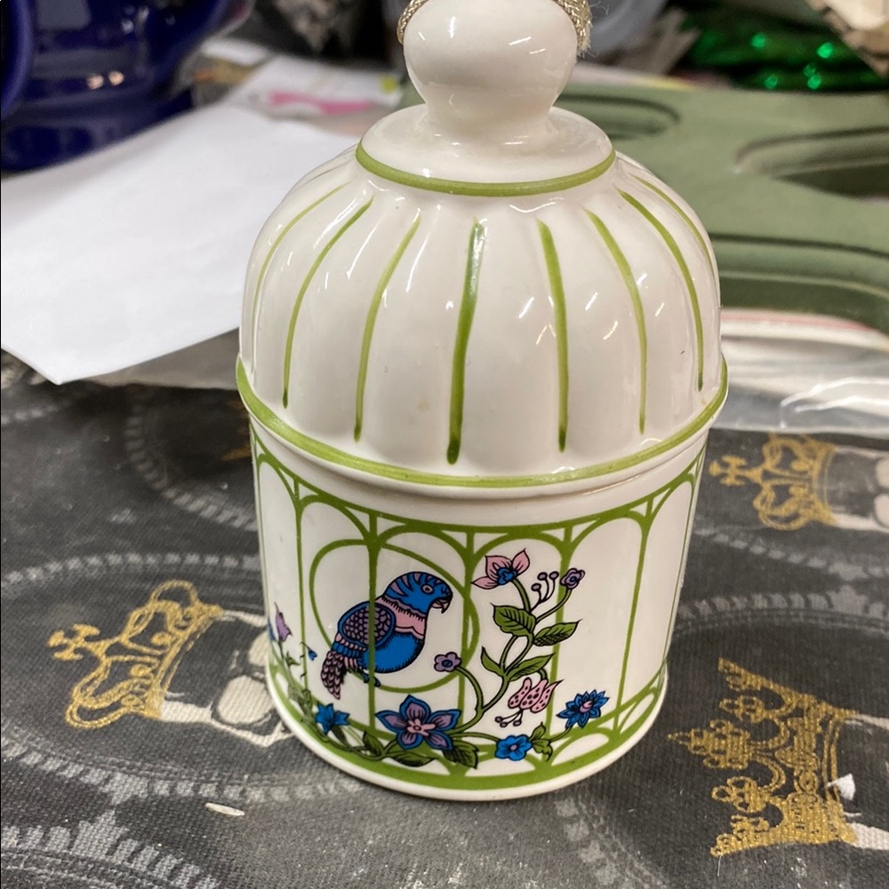 Decorative Ceramic Jar with Bird cage with parrot. Vintage